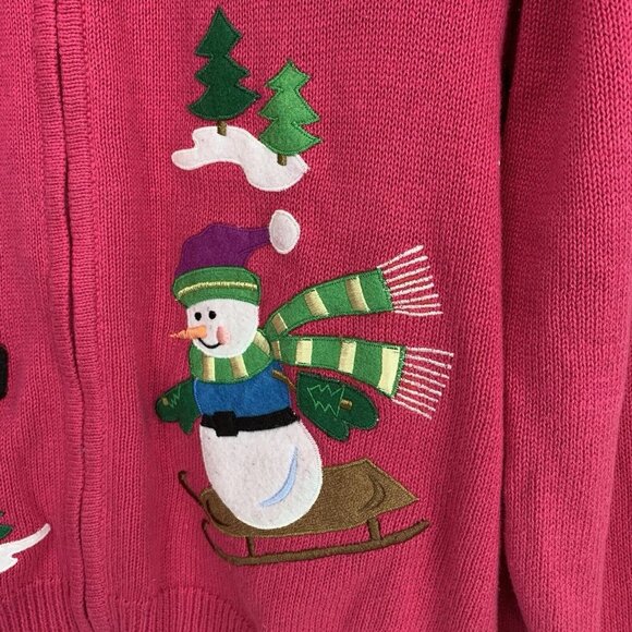 Snowman Christmas Winter Cardigan Womens 2XL Pink Zip Close Appliqué Whimsical - Picture 6 of 14